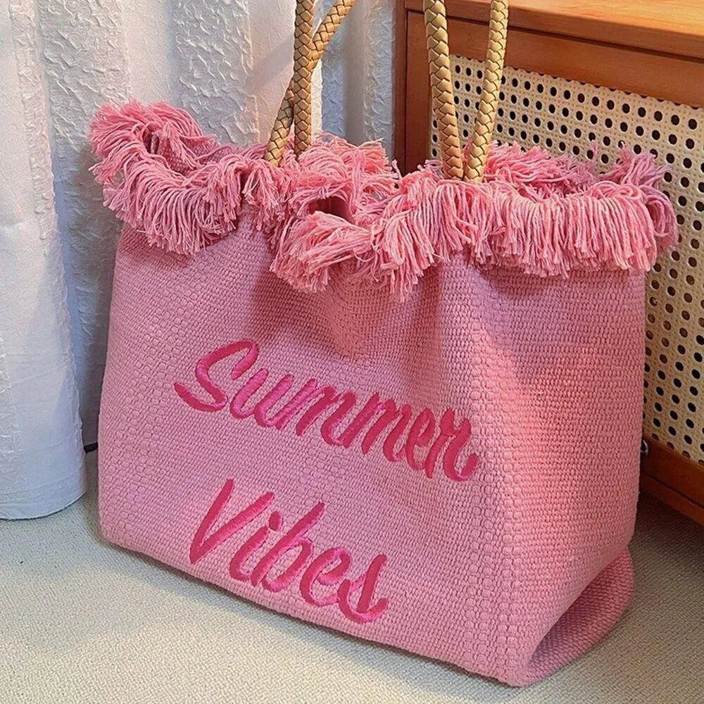 Pink Vacation Women's Large Capacity Letter & Tassel Canvas Tote Bag
